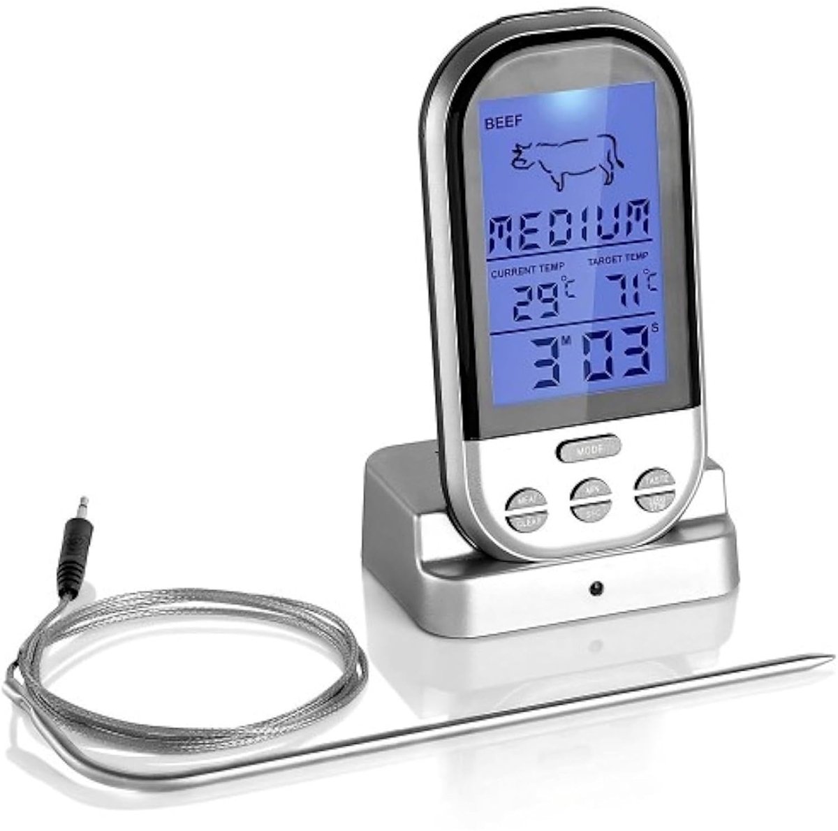 Thijox - Draadloze Grillthermometer, Digitale Vleesthermometer met Roestvrijstalen Sonde, Oventhermometer tot 250°C, Ideaal voor BBQ, Grillen, Bakken