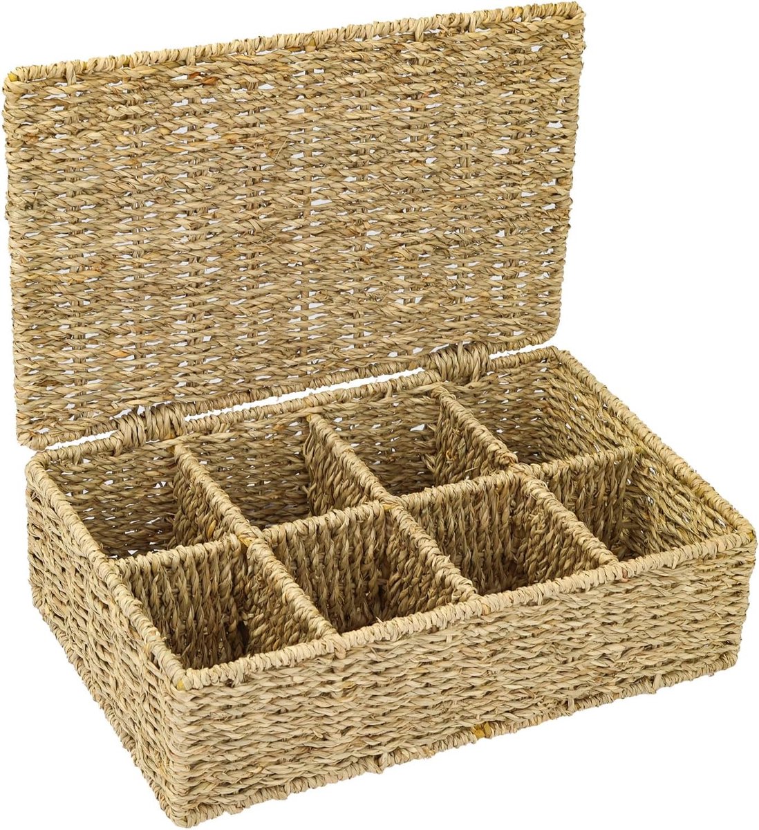 Thijox - Theedoos voor Theezakjes Gevlochten Zeegras Thee-opslagdoos met 8 Grote Vakken 33 x 21 x 10 cm - Perfecte Organizer voor Snoep, Sieraden en T