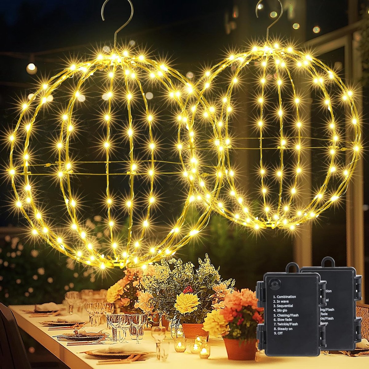 Thijox - Buiten Kerstverlichting op Batterijen met LED-Kerstballen 33 cm en 28 cm, Warm Wit, 144 LED's en 120 LED's, Waterdicht, Timer, 8 Standen, Ker