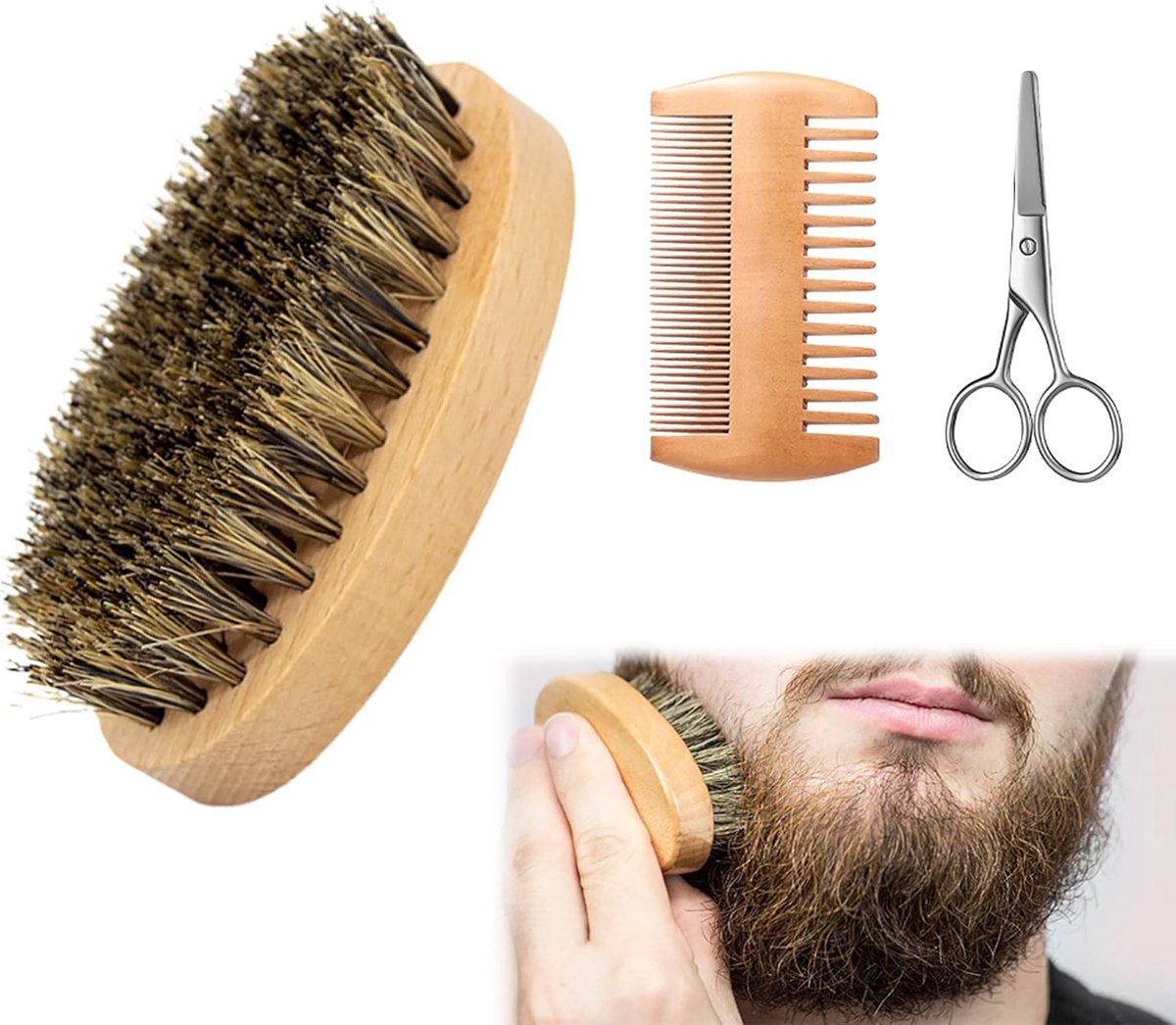 Thijox - Baardborstel voor Heren - 100% Wildzwijnhaar - Dikke en Lange Baarden - Ontwarren, Exfoliëren - Inclusief Kam en Schaar - 3 Stuks