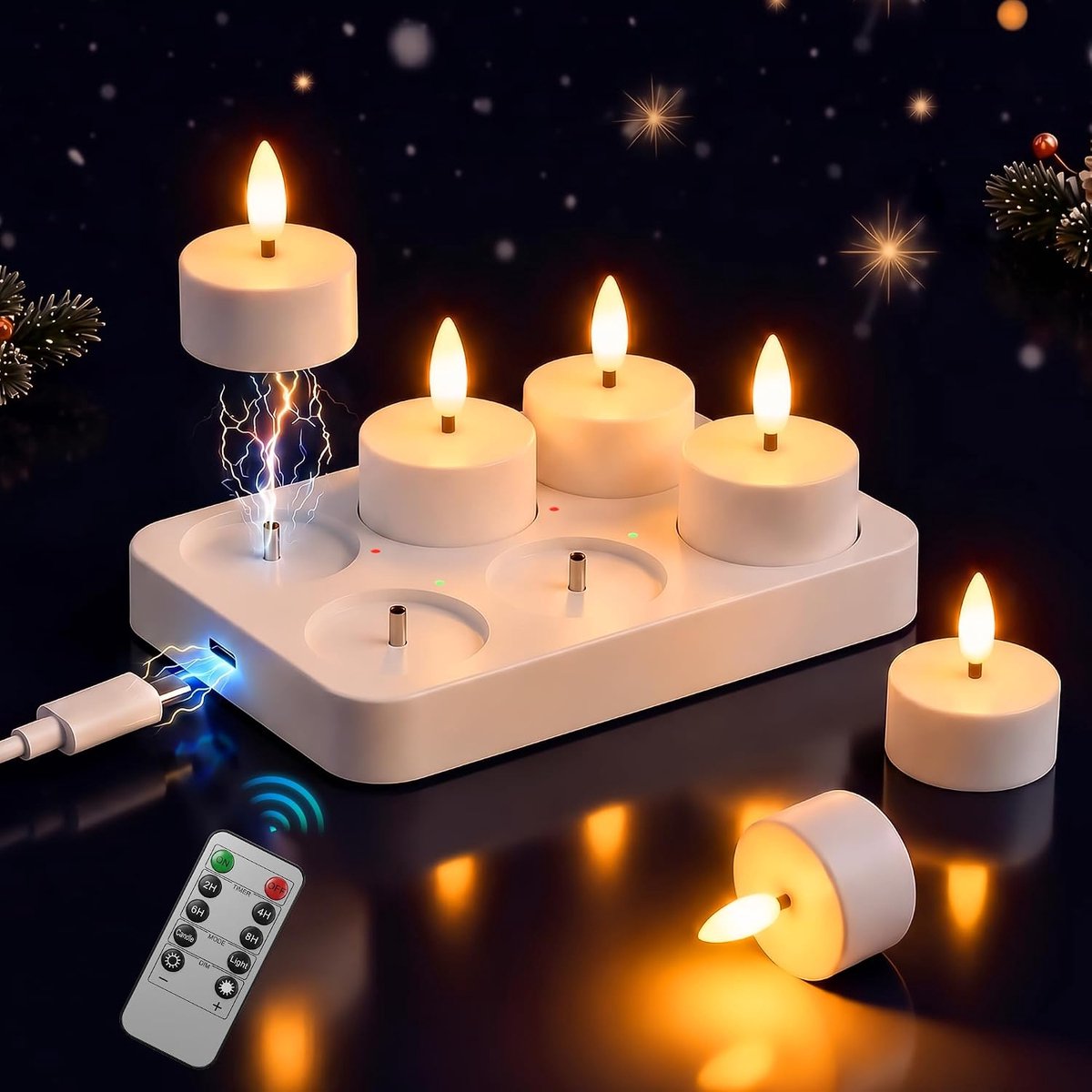 SnelShoppen - Oplaadbare LED Theelichten, 6 Stuks, Flickering Flame LED Kaarsen met Timerfunctie, Warm Wit Licht voor Woonkamer Decoratie, 50-110 Uur