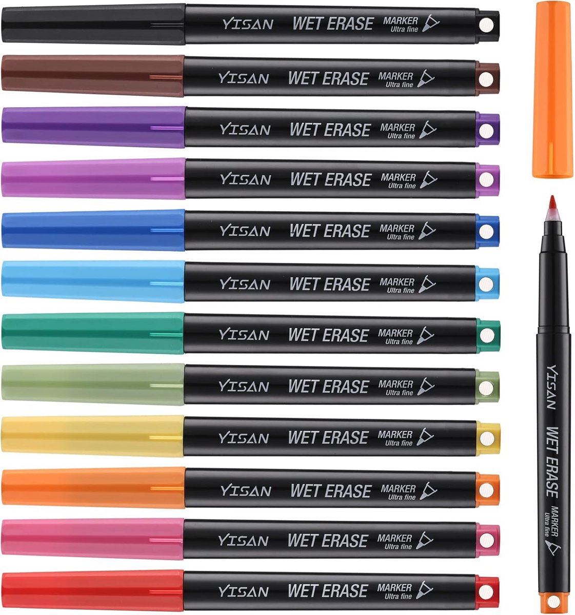 Thijox - Natte uitwisbare markers ultrafijne punt 0,7 mm, lage geur, 12 kleuren, extra fijne whiteboard markers voor kantoor, thuis of planning dry er