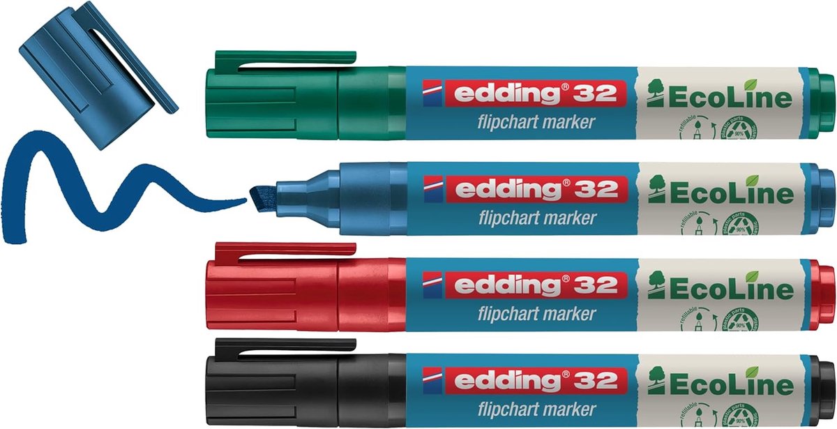 SnelShoppen - Ecoline Flipchart Marker Set - 4 Stiften - Beitelpunt 1-5 mm - Diverse Kleuren - Ideaal voor Flip-over Papier - Navulbaar - Drukt Niet D