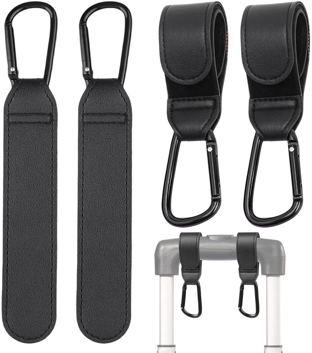Dailygoods - 4 stuks kinderwagenhaken, universele tashaken van leer en roestvrij staal, karabijnhaak voor luiertas, buggy, winkelwagen en rollator als praktische hanger