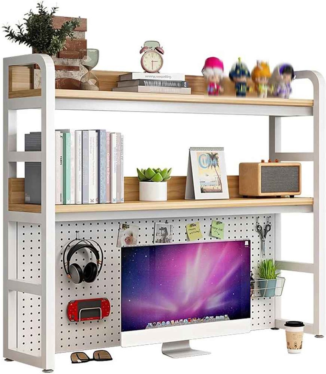 CORE Bureau Boekenkast - 2-Laags Bureaublad Opbergrek - Industriële Metalen Boekenplank Organizer - Ruimtebesparend Rek voor Computerbureau - Stevig Metalen Frame - 95x25x93cm - Wit