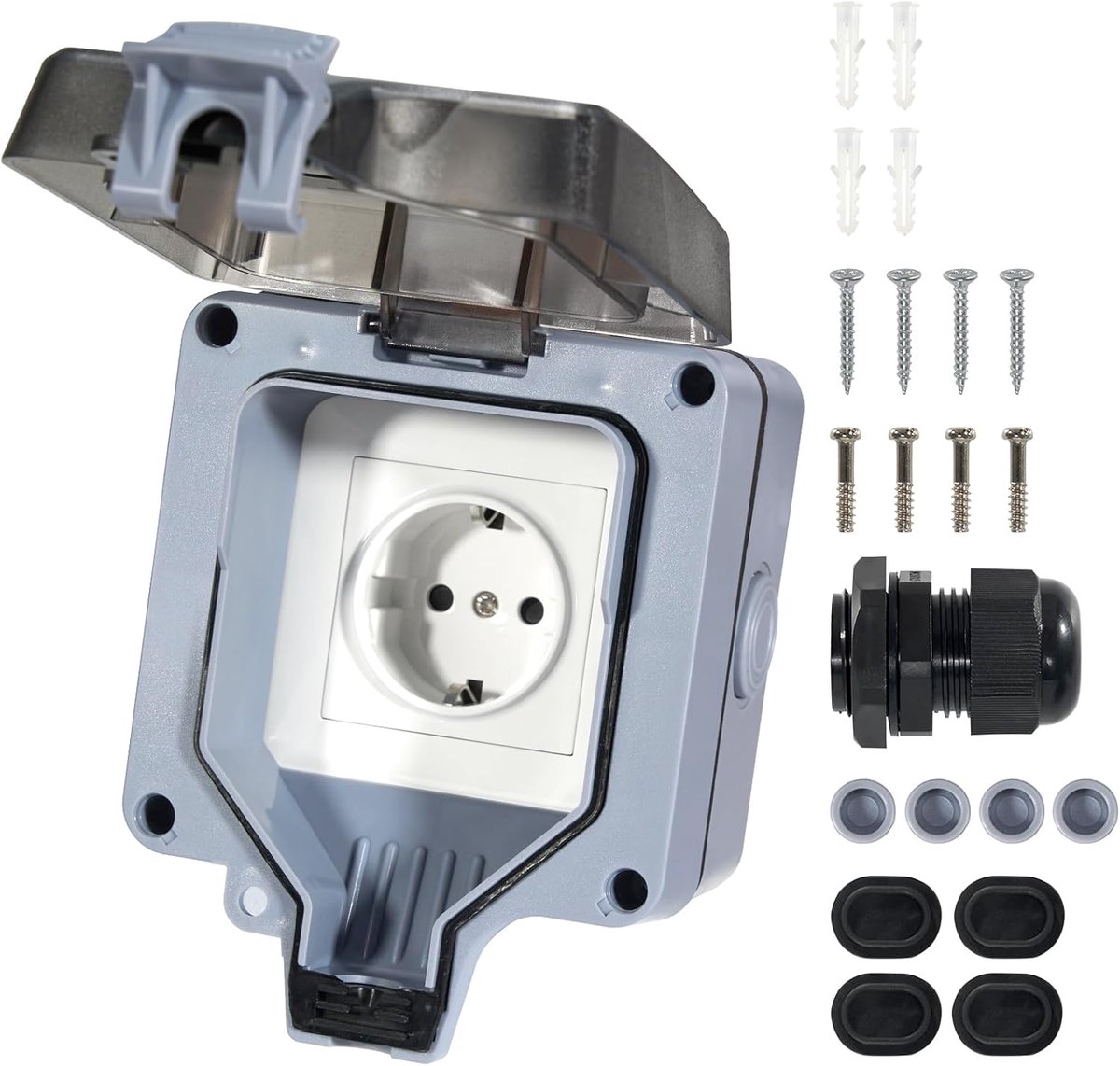 Thijox - Buitenstopcontact IP66 Waterdicht 16 A met Klapdeksel - Opbouwstopcontact voor Buiten en Vochtige Ruimtes - Tuinstopcontact Wandmontage - Ide
