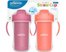 Dr. Brown's Milestones Geïsoleerde Rietjesbeker 300 ml Roze/Koraal – Lekvrije Drinkbeker met Handgrepen, Schuifdeksel & Zacht Siliconen Rietje – BPA-vrij – Vanaf 12 Maanden