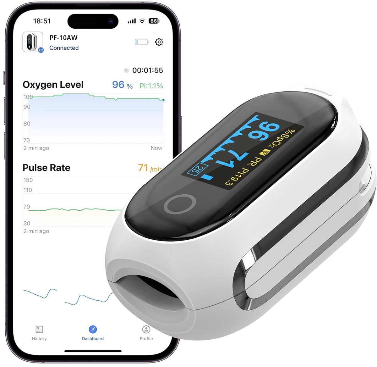 SnelShoppen - Bluetooth Pulsoximeter met 12 Offline Gegevens, Oplaadbare Vinger-Oximeter voor Zuurstofverzadiging, Continue Monitoring, Hartslagmeter