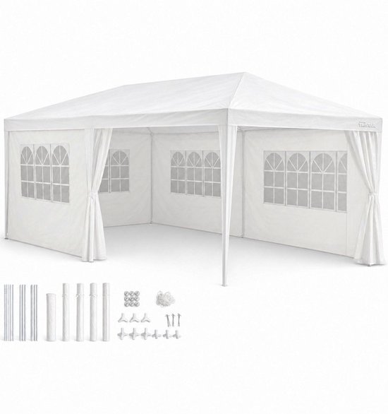 Witte partytent met ramen en toebehoren zoals stokken, touwen en haringen.