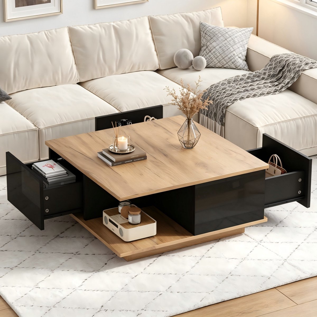 KOMHTOM Salontafel - 70x70x31.5cm - Zwart en Houtkleur - 3 Lades - Hoogglans - Modern Design - Bijzettafel - Woonkamertafel - Koffietafel - Banktafel - Geometrisch - Compact - Opbergruimte - Kleine Ruimtes