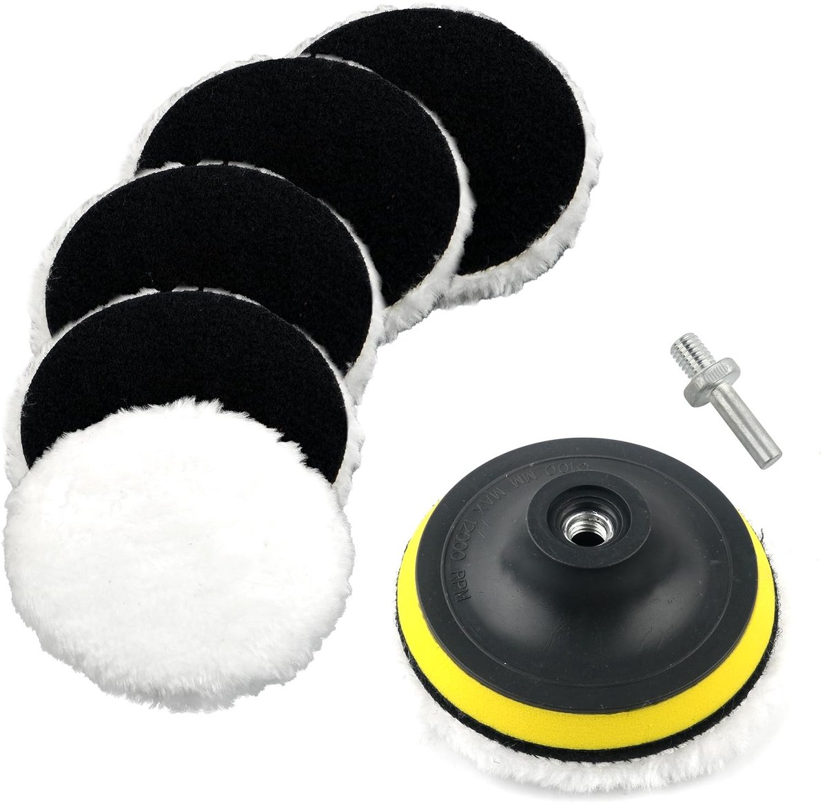 Dailygoods - Wol Polijstpads - Auto Polijsting - Hoogwaardige Polijstresultaten - Ø100mm - Voor Diverse Materialen - Inclusief Booradapter - 6 Stuks