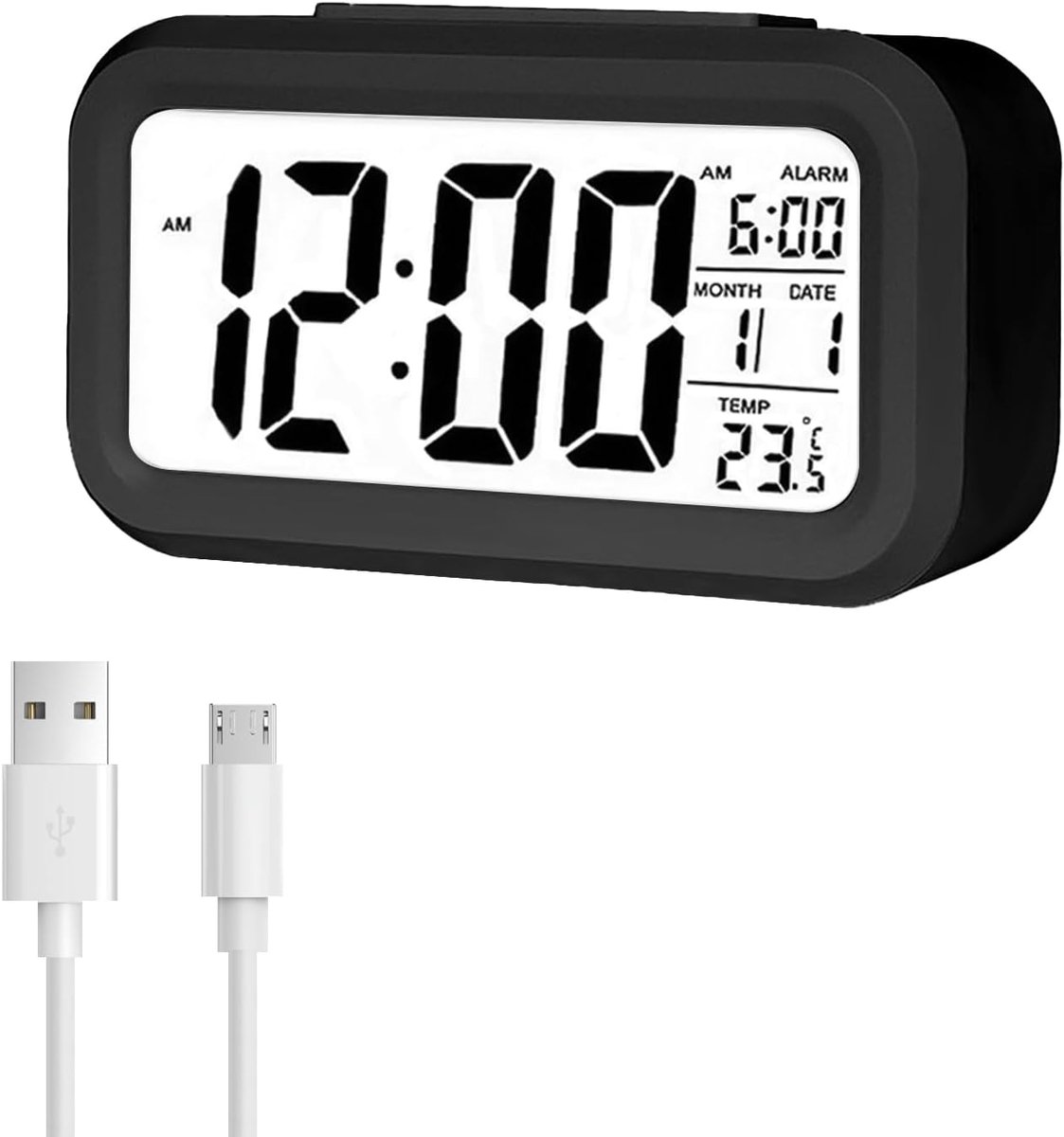 Thijox - Digitale Wekker met LED-Display, Slim Alarm, Temperatuurweergave, Helderheidssensor, 12/24 Uur Weergave, Snooze-Functie, Oplaadbaar, Zwart vo