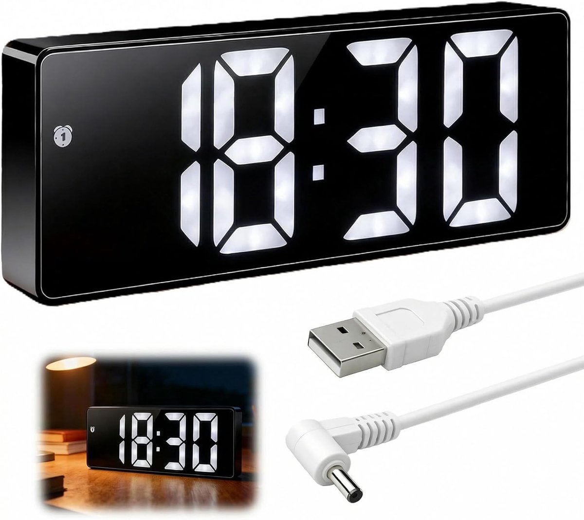Thijox - Digitale Wekker met USB-kabel, LED Klok met Grote Cijfers, Instelbare Helderheid, Temperatuurweergave, 3 Alarmmodi, 12/24 Uur voor Slaapkamer