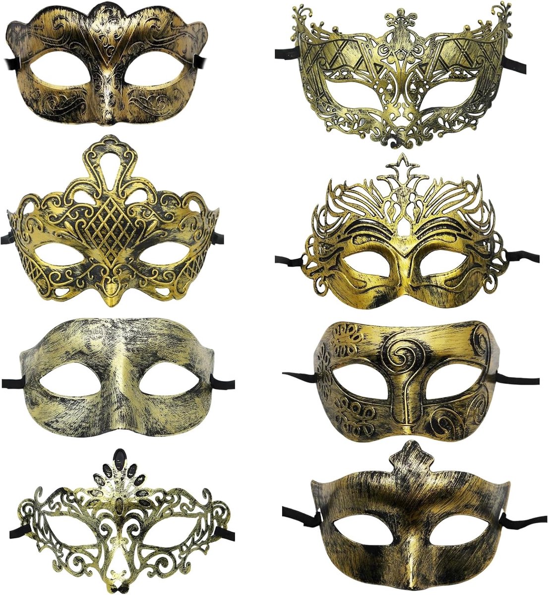 Thijox - 8 Stuks Venetiaans Maskerade-Masker voor Vrouwen en Mannen - Goud - Uniseks Carnaval en Halloween Kostuumfeest - Luxe Design met Prachtige Pa