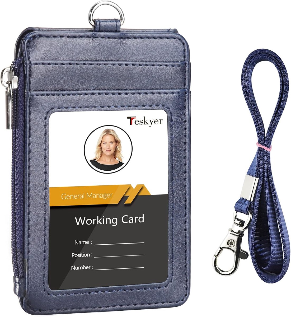 Thijox - PU-lederen badgehouder met ritsvak, ID-kaarthouder met nylon koord, 1 transparant ID-venster, 3 kaartsleuven voor school ID, creditcards, rij