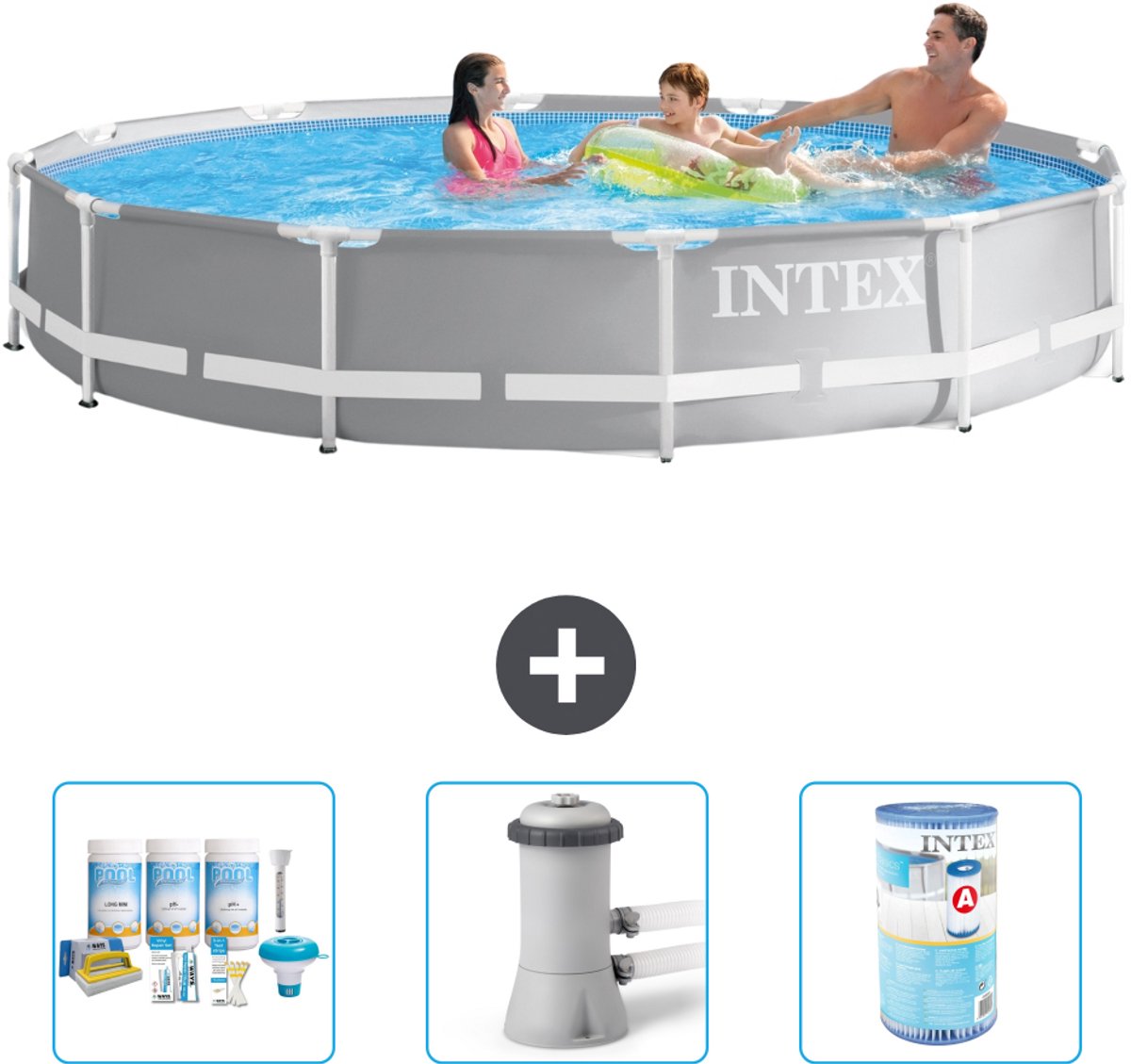 Intex Rond Prism Frame Zwembad - 366 x 76 cm - Grijs - Inclusief Onderhoudspakket - Zwembadfilterpomp - Filter - 4-delig