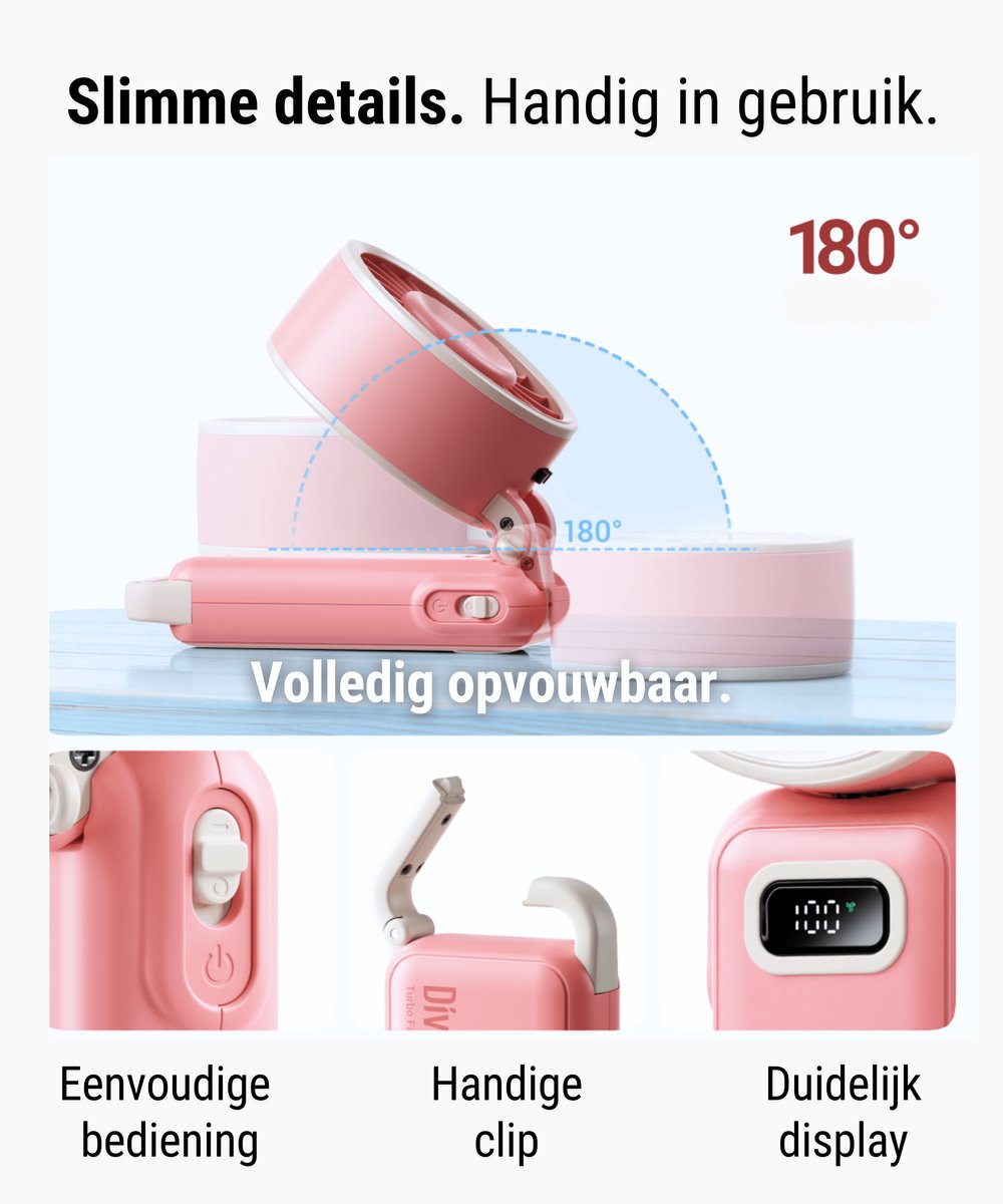 Diveblues® Handventilator Oplaadbaar - Premium Personal Fan - AIR 100 – High Speed Blaaskracht – 100 Snelheden – LED Scherm - Handwaaier – Waaier – Draagbare Ventilator - Koelt écht — afbeelding 4