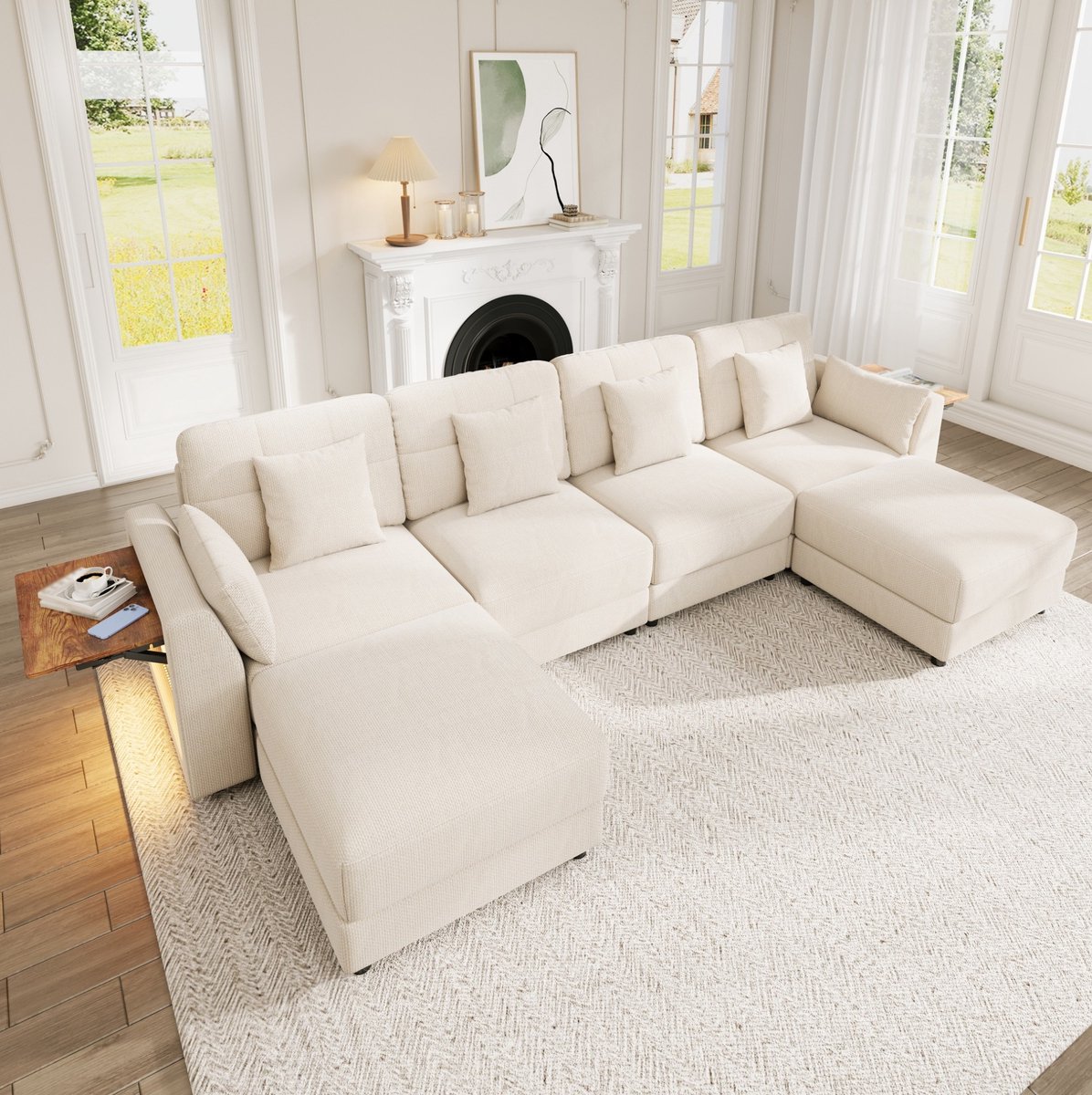 FloraGrace U-Bank 292 x 135 cm - Modulair Met 2 Verplaatsbare Hockers, LED En Klaptafel - Voor Woonkamer - Chenille - Beige