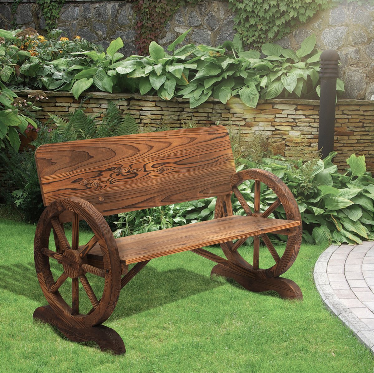 MEUNIQ 2-zits tuinbank 114 x 58 x 80 cm met wagenrad armleuningen en rugleuning, houten tuinbank voor tuin en terras in rustieke stijl, bruin