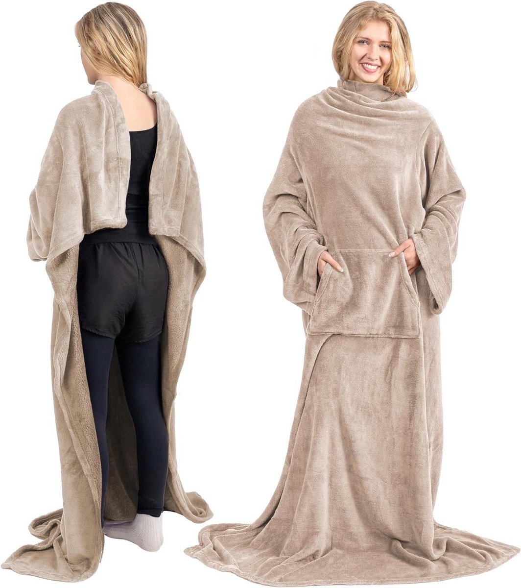 Deken met mouwen - Draagbare plaid - Gezellig ontspannen - Met armmobiliteit - 178 x 127 cm - Taupe