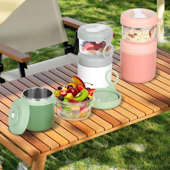 Large Stainless Steel Cereal Cup to Go Yogurt Cup 530 ml + 330 ml Portable, Leak-proof, Cereal Cup, Bread Box, Lunch Box, Cereal Box, Yogurt, Salad, Rice Box (Green) — afbeelding 5
