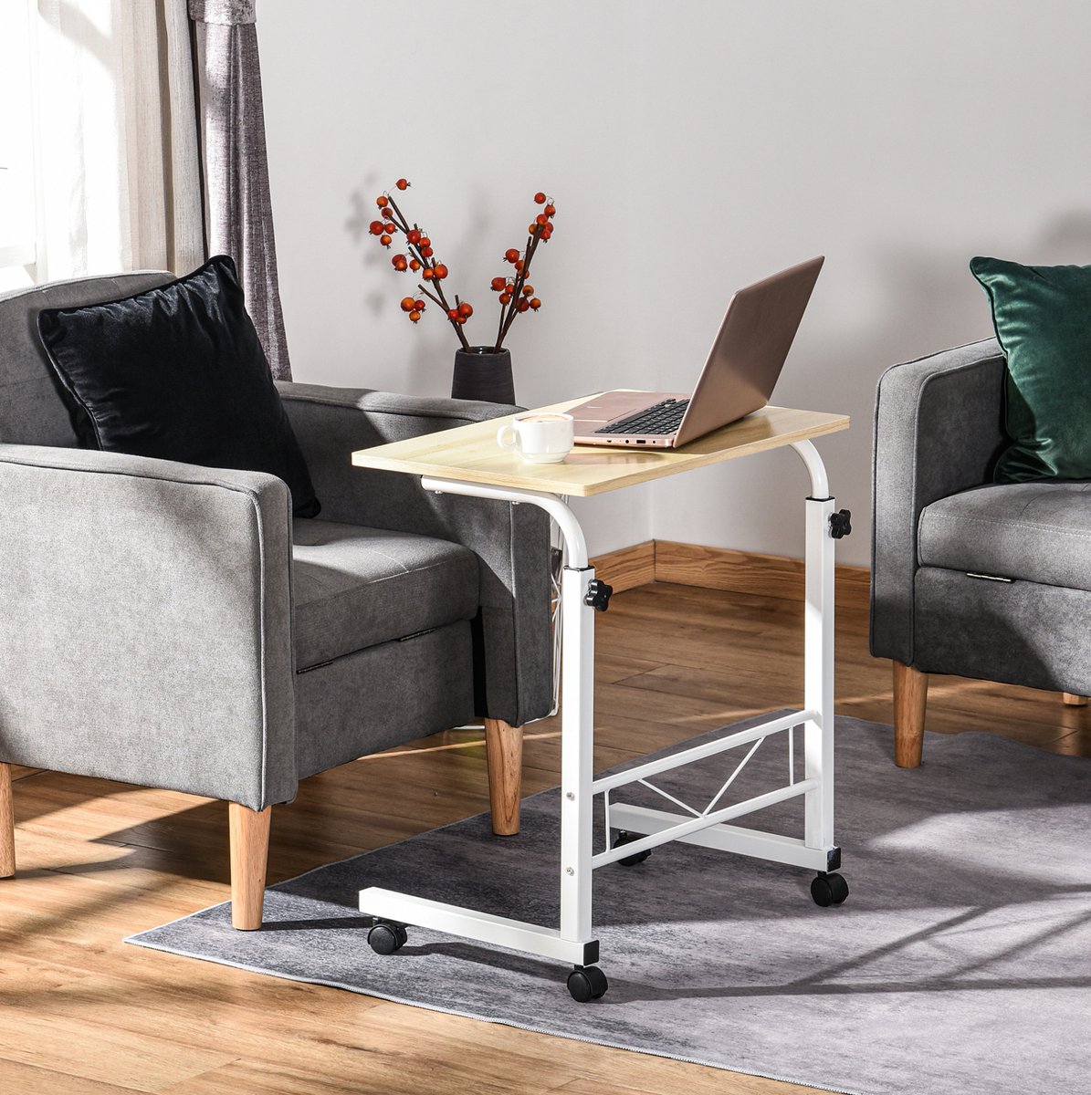 MEUNIQ Bijzettafel 60 x 40 x 68-78 cm in C-vorm, hoogte verstelbaar, met 4 wielen en 2 remmen, verrijdbare tafel voor slaapkamer of woonkamer, naturel