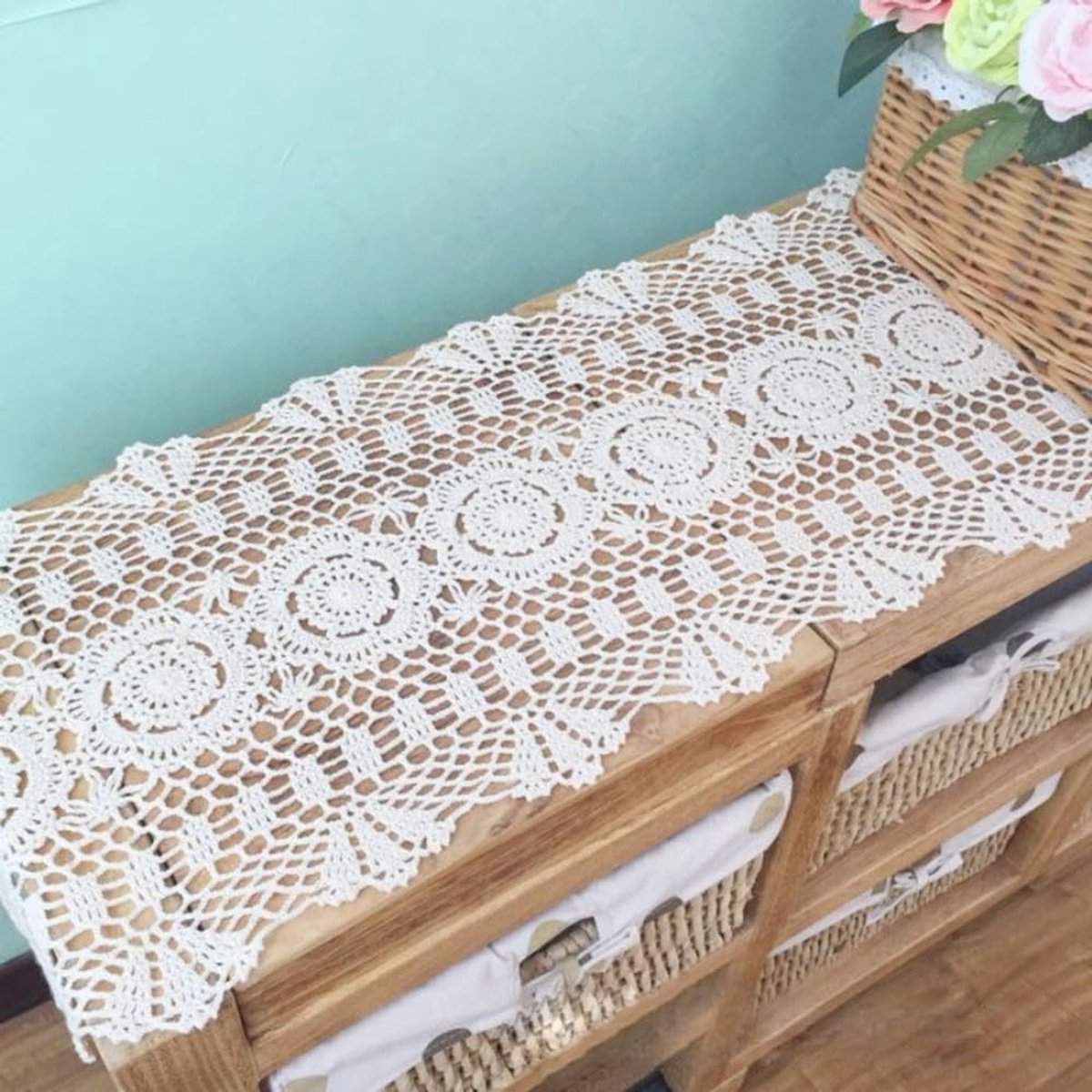 Tafelloper macramé tafelloper boho katoenen vlas tafelloper gehaakt kant mesh tafelkleed voor tafelcommode, sjaal, salontafel, bank, tv-standaard wit 30 x 110 cm