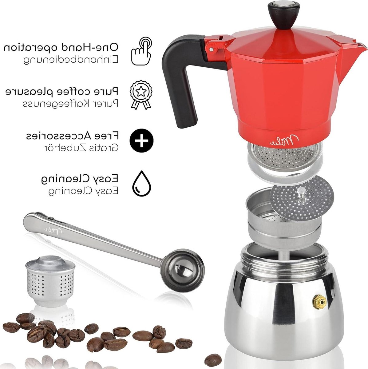 Espressomaker - Mokkakan Koffiezetter - Verse Koffie Maken - Geschikt Voor Inductie - 3 Kopjes 150ml - Rood