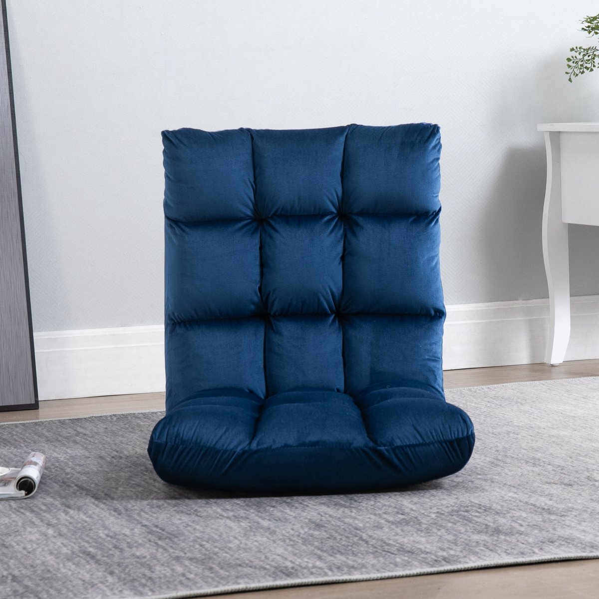 MEUNIQ klapbare fauteuil voor op de vloer 55 x 71 x 53,5 cm, 3-in-1 met 13 verstelbare rugleuningposities, polyester flanel en schuimvulling, blauw