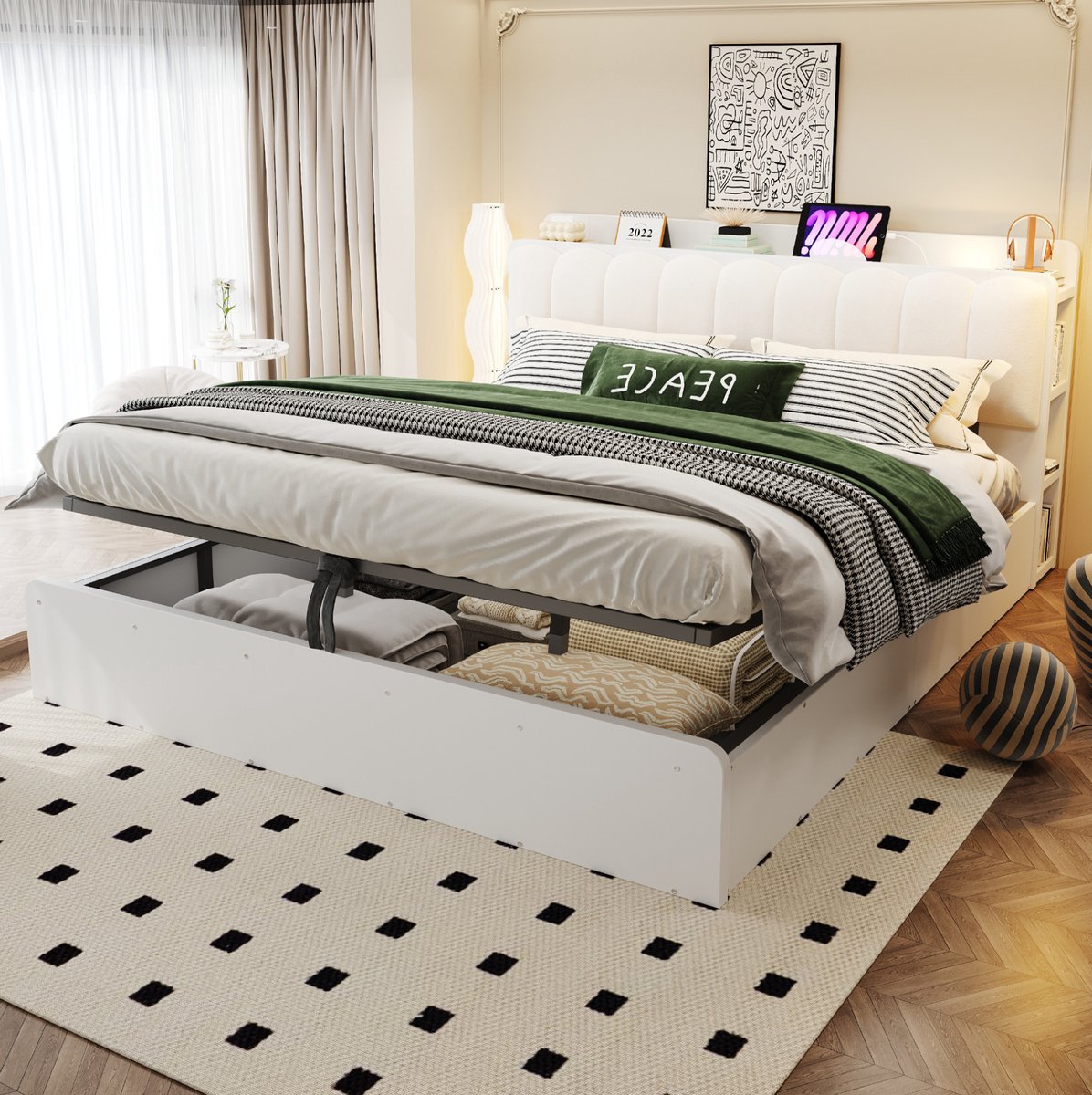 FloraGrace Bed 180x200 cm - Hydraulisch Opbergbed Met USB En Nachtlamp - Met Hoofdbordplank En Opbergruimte - Tweepersoons Hout - Wit - Zonder Matras