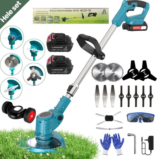 Bosmaaier - Grastrimmer - Bosmaaiers - Bosmaaier accu - MET 2 ACCU'S EN LADER - 3 Verschillende snijbladen - Gehele set - Grasmaaier - Draagbare Elektrisch Grasmaaiers - 15cm maaibreedte - Zwart, voor Tuin