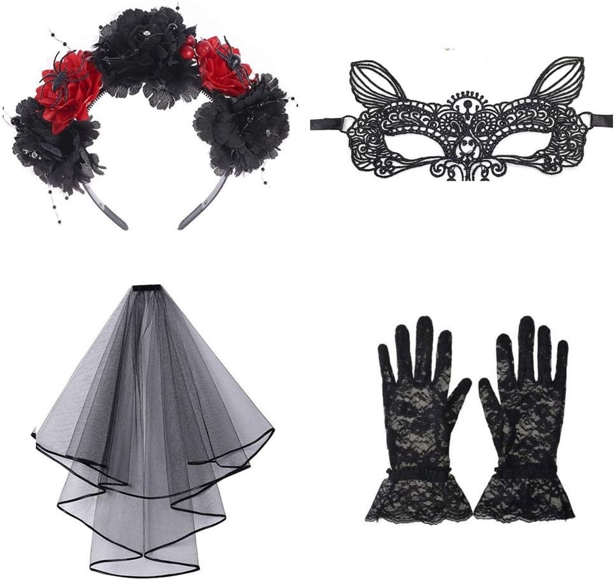 Halloween kostuumset met hoofdband, zwart sluier, rozenhalsketting, kanten masker en korte handschoenen voor een spookachtige look.