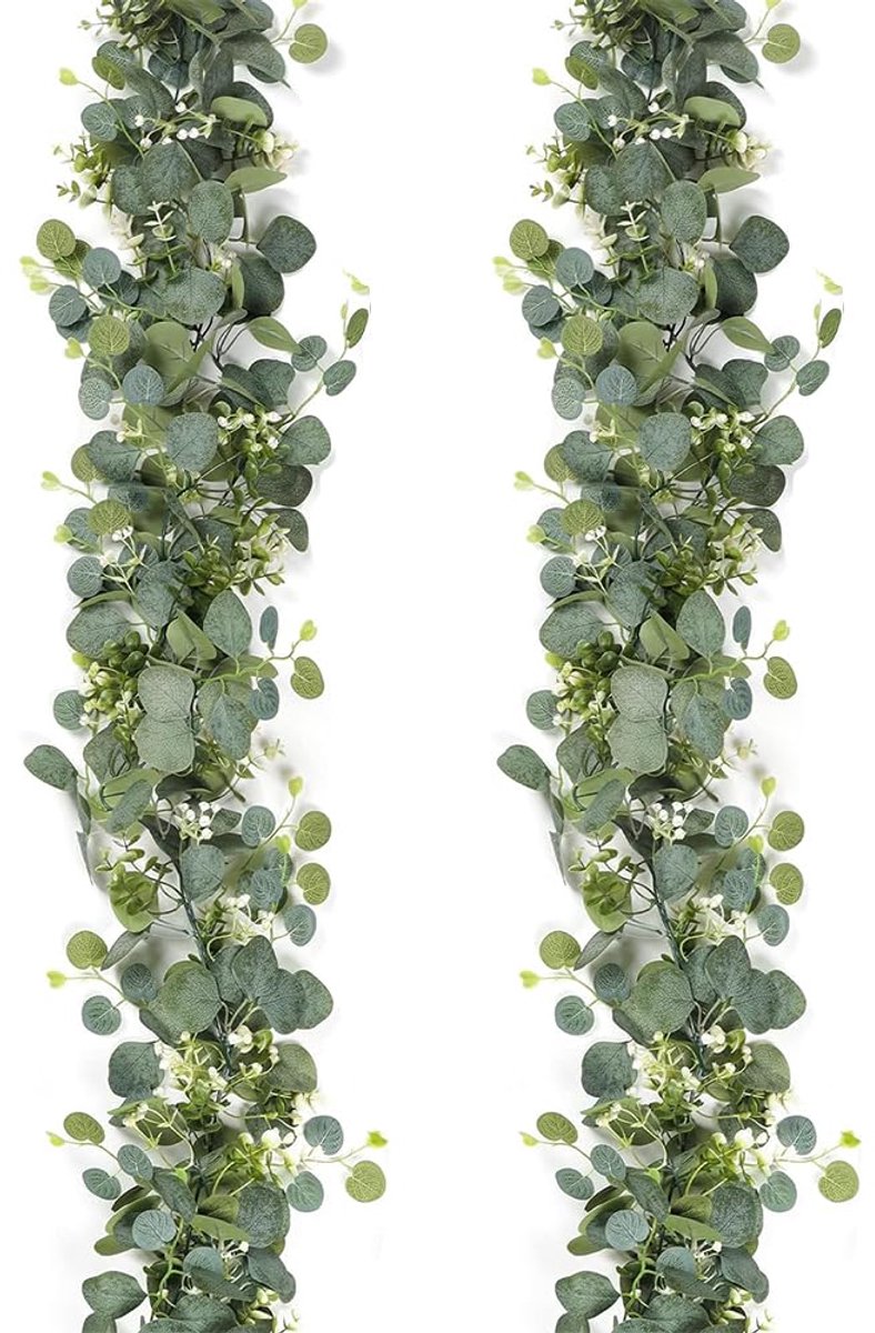 Eucalyptus slinger, 1,8 m eucalyptus decoratie met witte bloem, kunstslinger, hangende groene bladeren, decoratie voor tafeldecoratie, bruiloftsdecoratie (grijs-groen)