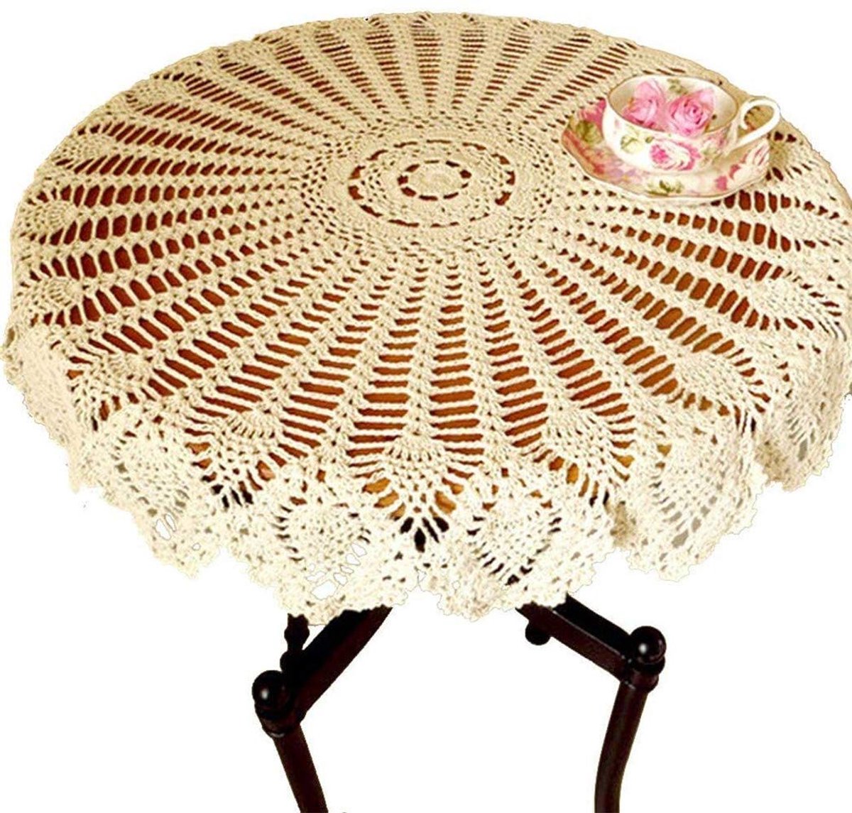 NC AMIPOS 90 cm ronde vintage beige handgemaakte gehaakte kant-kleedjes gehaakte tafelkleden katoenen tafelomslag tafeltopper bruiloft thuis feest decor (beige)