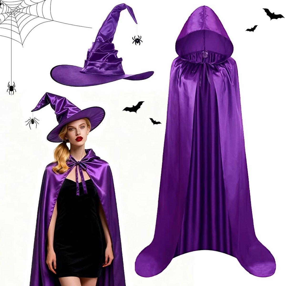 Halloween Tovenaar Kostuum voor Vrouwen - 2-delig Set met Paarse Cape en Vouwbare Hoed voor Carnaval en Feestjes