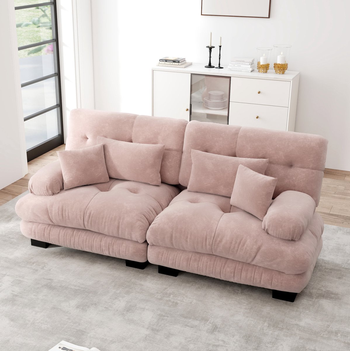MIVRAY Zitbank 220 x 77 x 81 cm - Cloud Design Met Chenille En Kussens - Voor Woonkamer En Lounge - Massief Hout Roze