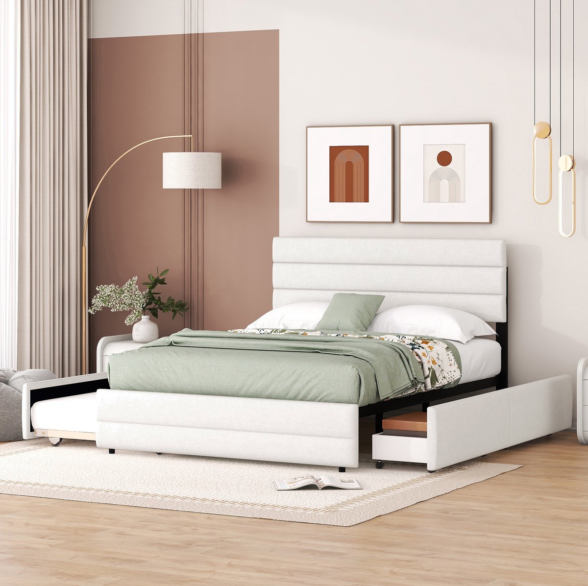 MEUNIQ platformbed 140 x 200 cm met uitschuifbed, 2 opberglades en verstelbaar hoofdbord, tweepersoons bedframe voor slaapkamer, beige