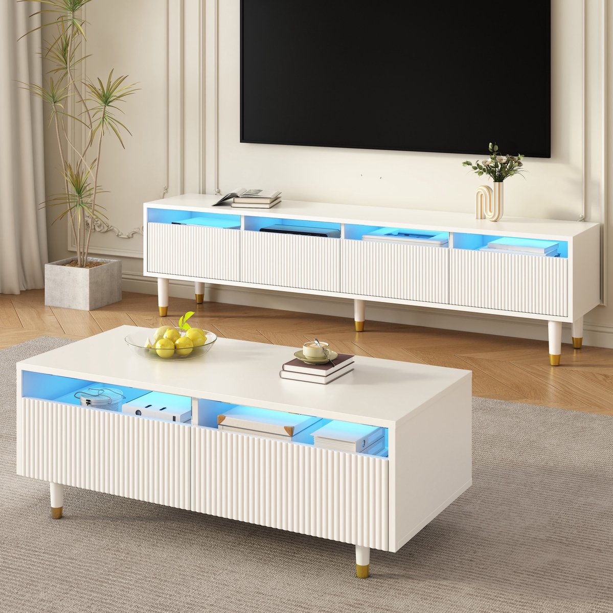 MEUNIQ TV-meubelset en salontafel 2-delig, TV-meubel met 4 deuren en salontafel met 2 lades, LED-verlichting met 7 kleuren, app-bediening, wit
