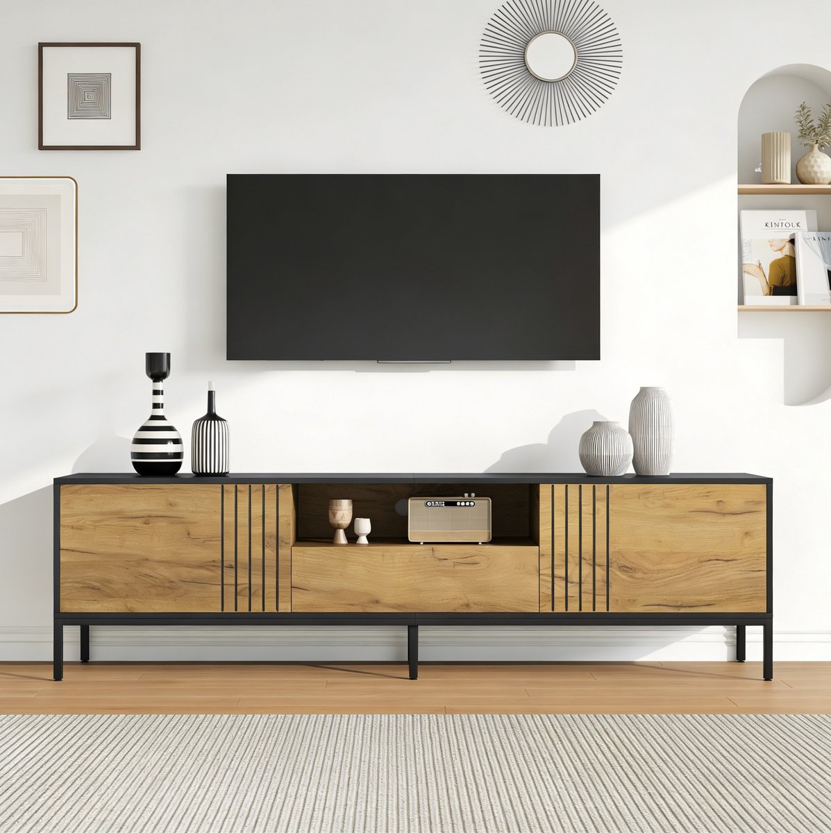 MEUNIQ TV-meubel 170 x 35 x 50 cm met 2 deuren, 1 lade en open vak, tv-kast voor tv tot 70 inch, dressoir voor woonkamer of hal, eiken en zwart