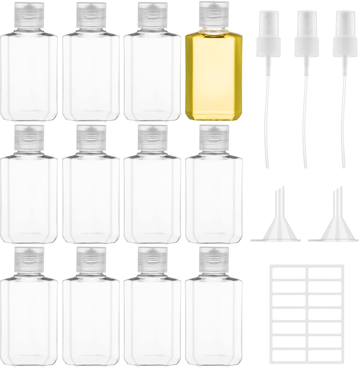 Thijox - 12 Stukken 60ml Reisflessen Set, Transparante Plastic Flessen met Flip Cap, Lege Cosmetische Reiscontainers met Sprinkler, Trechter en Label