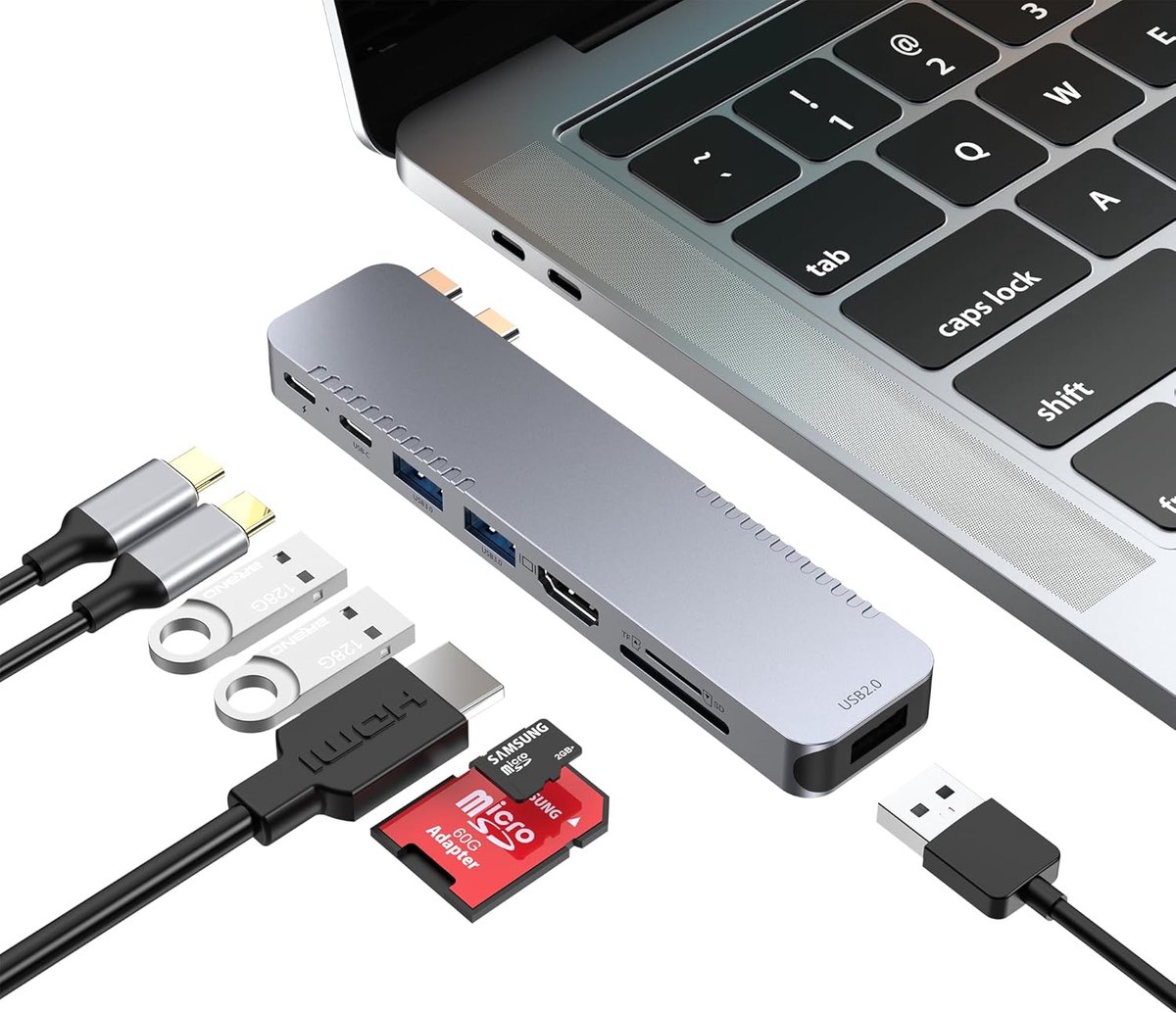 SnelShoppen - USB C Hub Adapter voor MacBook Pro Air - 8-in-2 Docking Station met 4K HDMI, Thunderbolt 4/3, USB 3.0, SD/TF - Perfect voor MacBook Acce