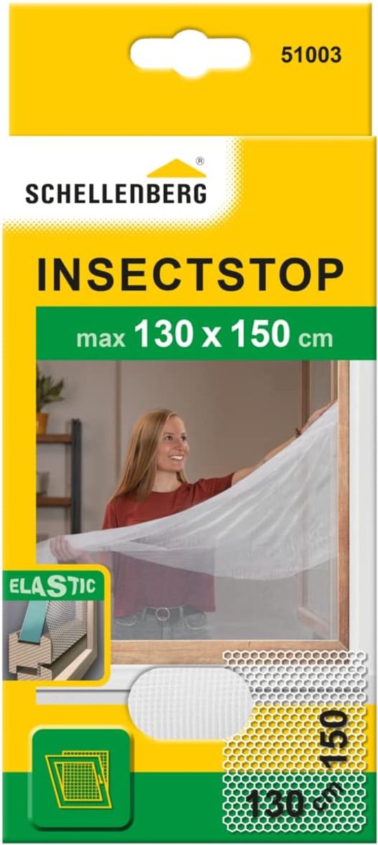 SnelShoppen - Elastisch Vliegenhor 130 x 150 cm, Bevestiging Zonder Boren, Inclusief Bevestigingstape, Wit - Insectenwering voor Ramen met Tralies, Id