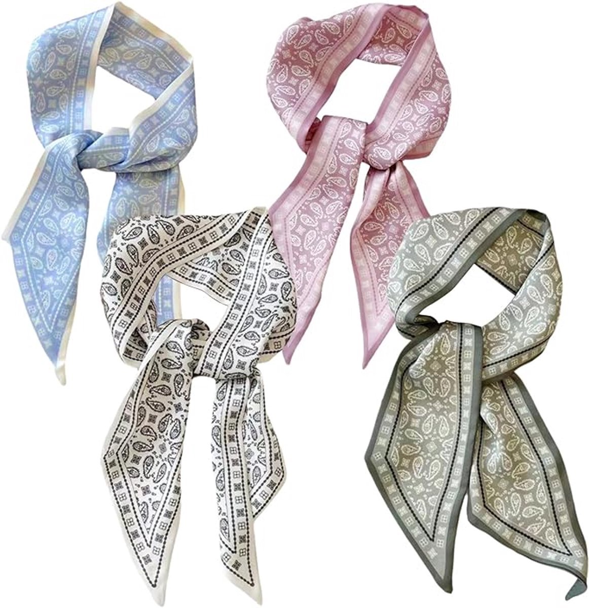 4 Stuks Paisley Print Dunne Sjaal voor Vrouwen - Lichtgewicht Satijn Halsband Haarlint - Retro Dunne Halsdoek Hoofdband - Mode Decoratieve Sjaals voor Dagelijkse Outfit Tas Accessoire
