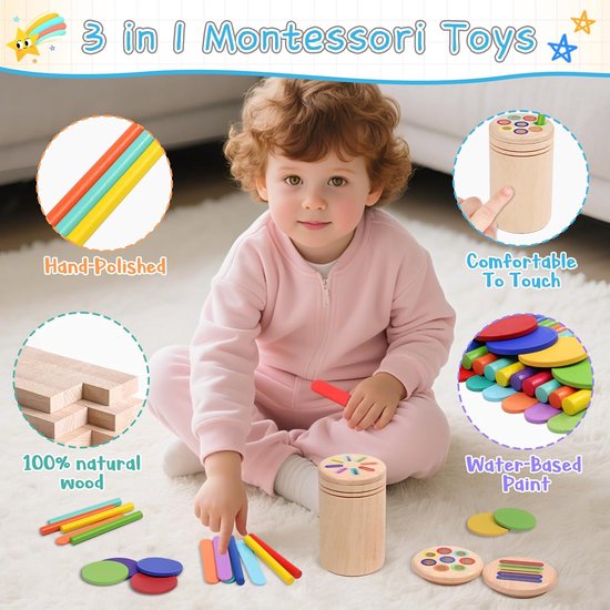Montessori Speelgoed vanaf 1 jaar, 3-in-1 houten houten speelgoed vanaf 1, 2, 3 jaar, Montessori peuterspeelgoed, sensorisch, kinderspeelgoed, motoriekspeelgoed, baby, educatief speelgoed, cadeau — afbeelding 3