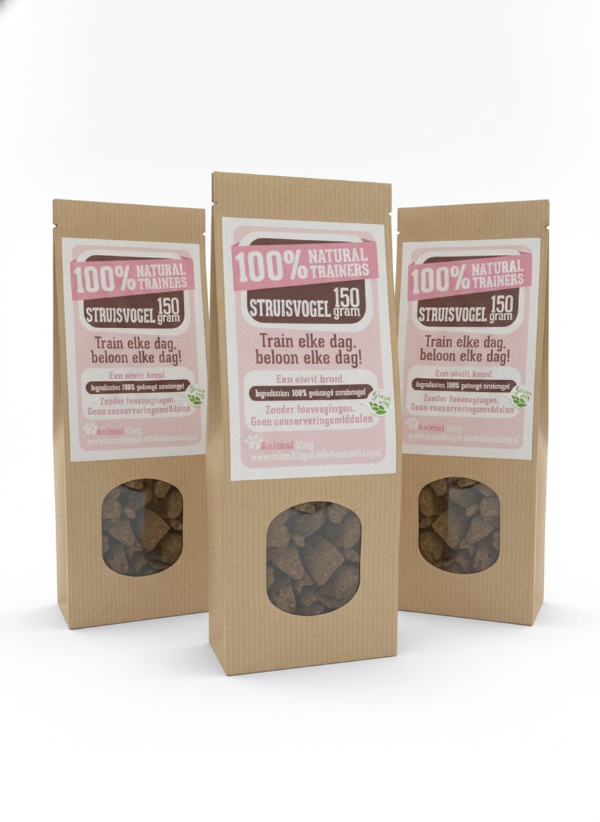 animalking Natural Trainers - Trainingssnacks - Struisvogel - voor Honden - Hypoallergeen & Graanvrij - 3 x 150 gram
