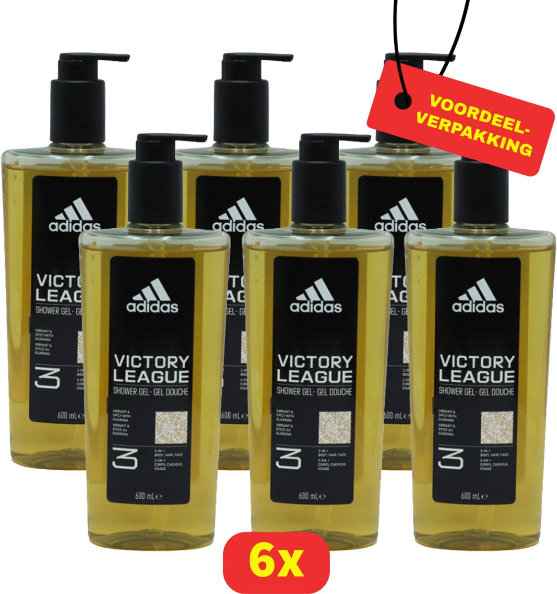 Adidas Victory League 3-in-1 Douchegel met Pomp – Lichaam, Gezicht & Haar – 6x 600 ml - Voordeelverpakking!
