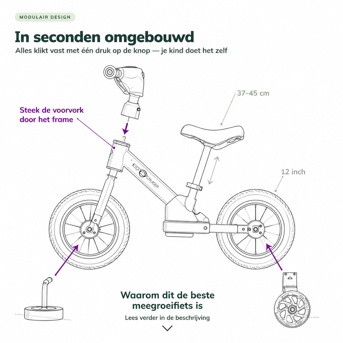 Kidcruiser Loopfiets 2+ jaar - Met LED Zijwieltjes & Trappers - 3-in-1 Kinderfiets - 12 inch – Mat Zwart – Modulair Design — afbeelding 8