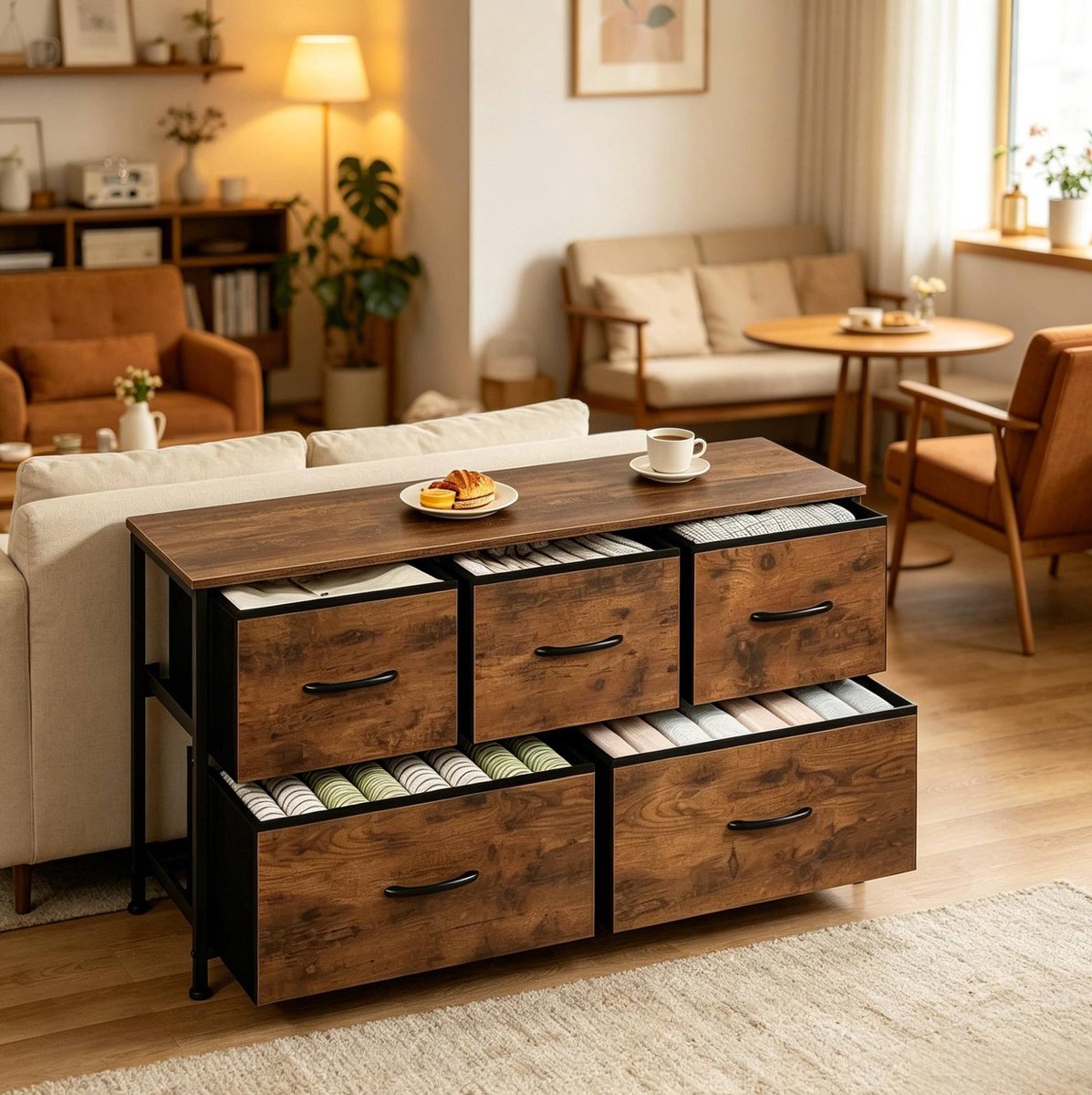 FloraGrace Dressoir - Vintage Opbergkast Met 5 Lades - Voor Hal, Woonkamer En Slaapkamer - Metaal En Houtlook - 100 x 30 x 54 cm - Bruin