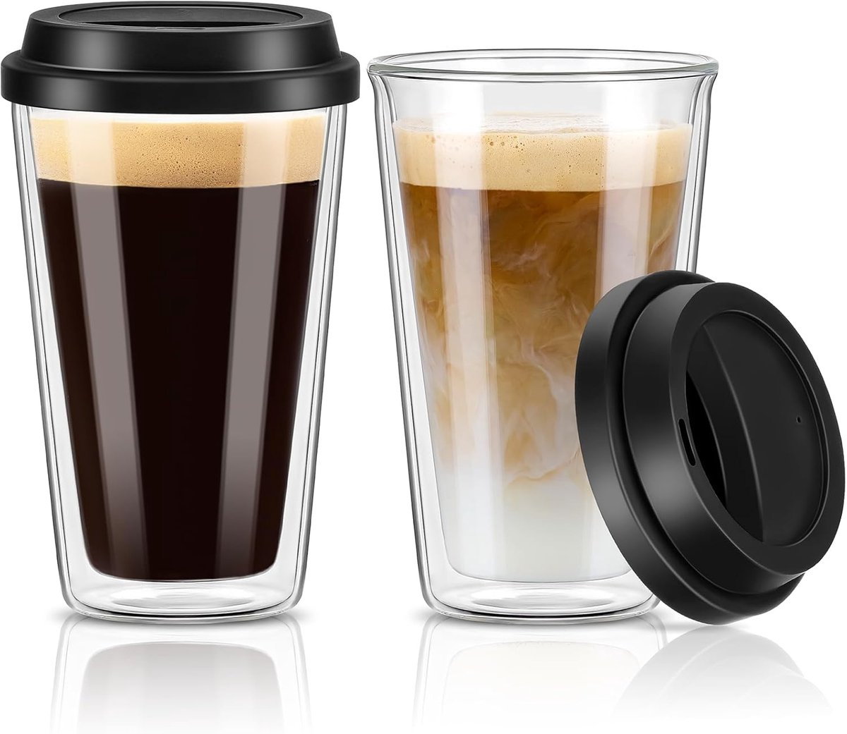 Tolvia Theeglazen set - Dubbelwandige Glazen Koffiemokken Set - 2 Stuks - Borosilicaat Glas met Siliconen Deksel, Geïsoleerde Koffiebekers voor Koffie, Thee, Latte en Cappuccino