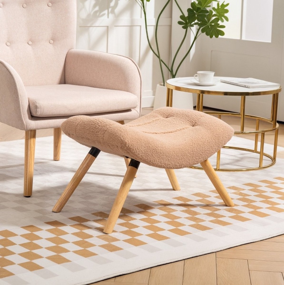 MEUNIQ modern voetenbankje 67 x 45 x 38 cm, gestoffeerde hocker met berberfleece stof en beukenhouten poten, voor woonkamer of slaapkamer, bruin